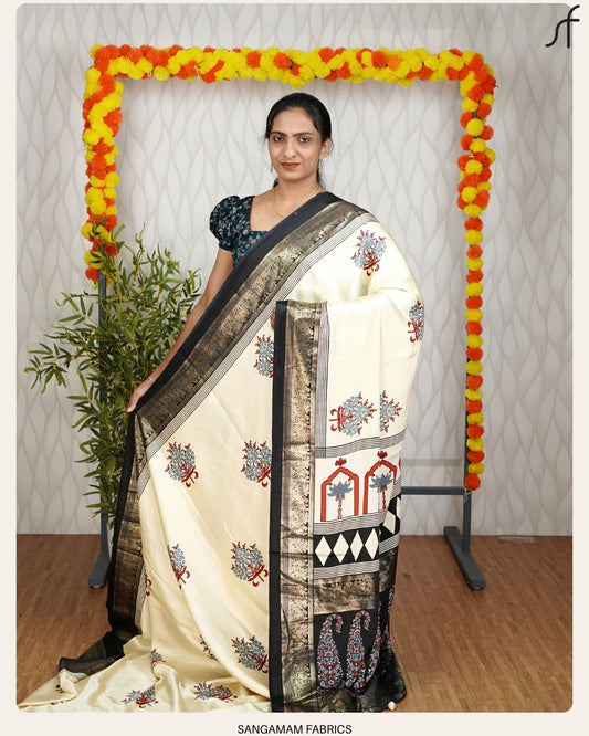 CREAM AND BLACK&nbsp;COMBINATION SEMI MODAL SILK SAREE