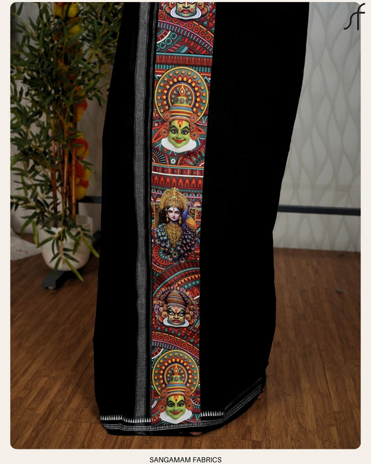 BLACK COTTON MUNDU WITH STICKER PRINTED KARA