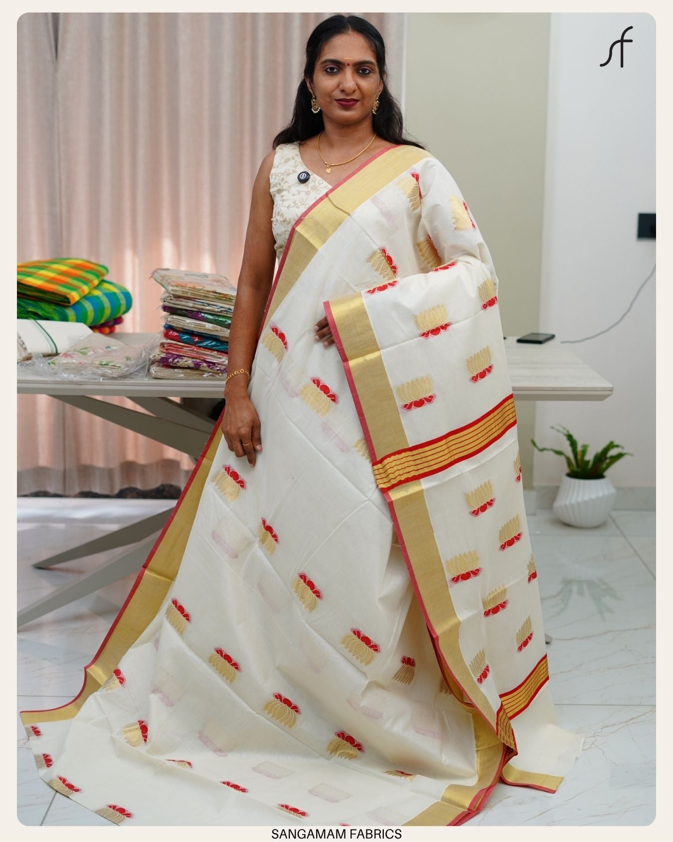 LOTUS DETAILED KERALA COTTON SAREE
