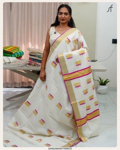 LOTUS DETAILED KERALA COTTON SAREE