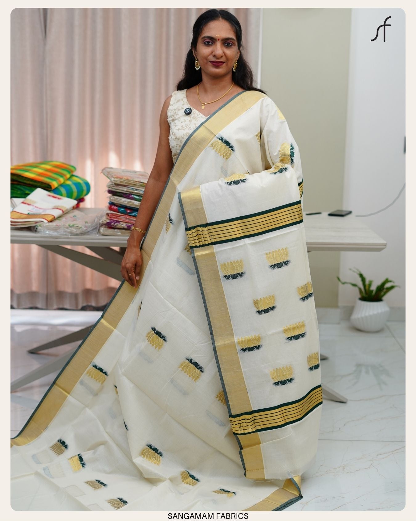 LOTUS DETAILED KERALA COTTON SAREE
