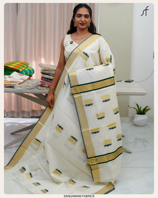 LOTUS DETAILED KERALA COTTON SAREE
