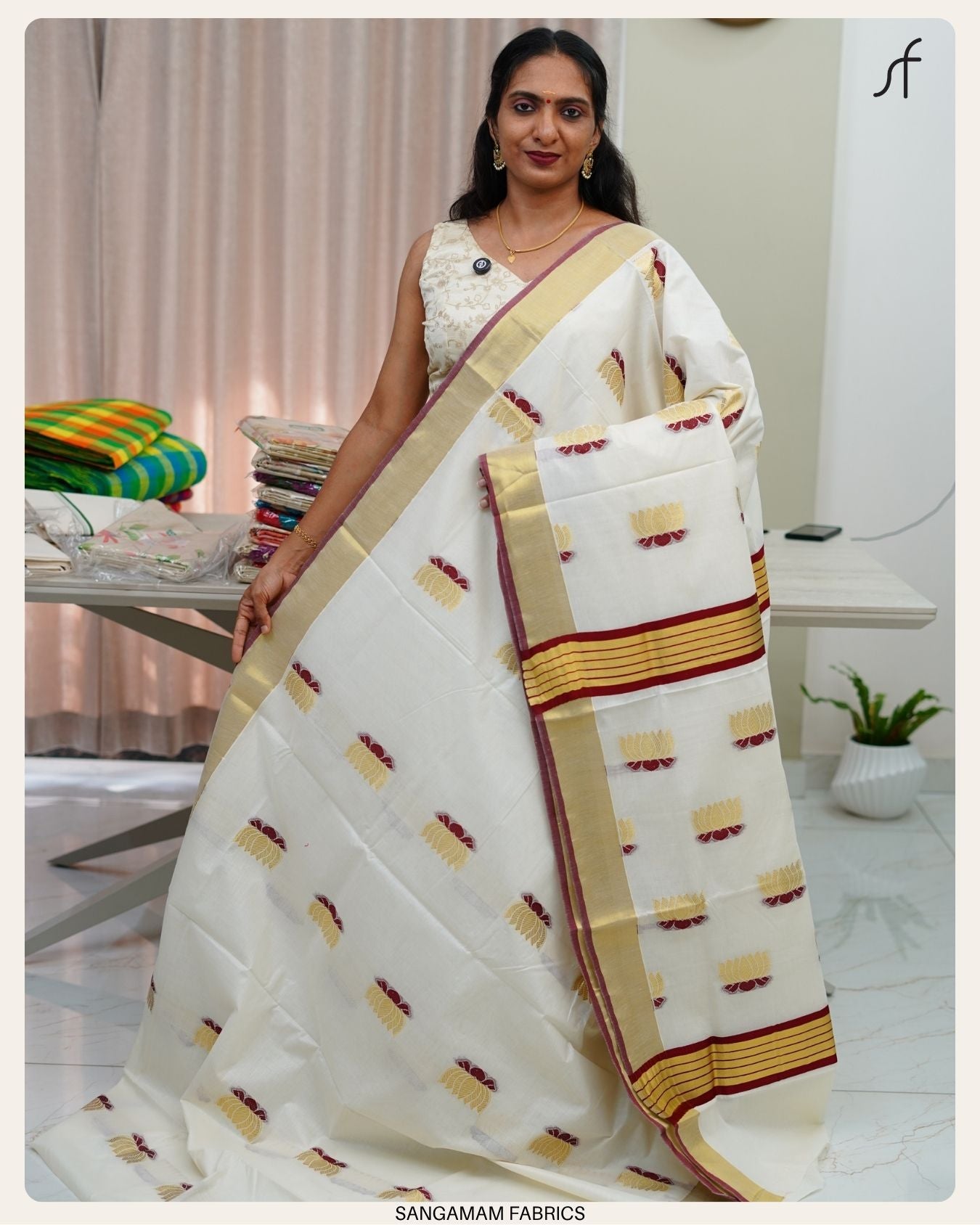 LOTUS DETAILED KERALA COTTON SAREE