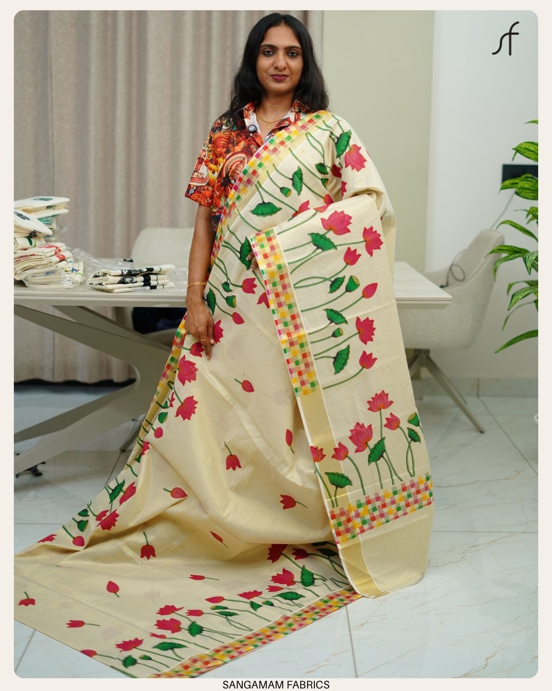 LOTUS WITH CHECK DETAILED SET SAREE