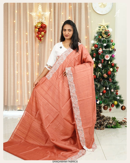 CUT WORK DETAILED SEMI TUSSAR SILK  SAREE