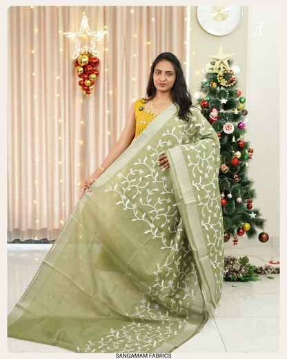 SEMI CHANDERI SILK EMBROIDERY SAREE