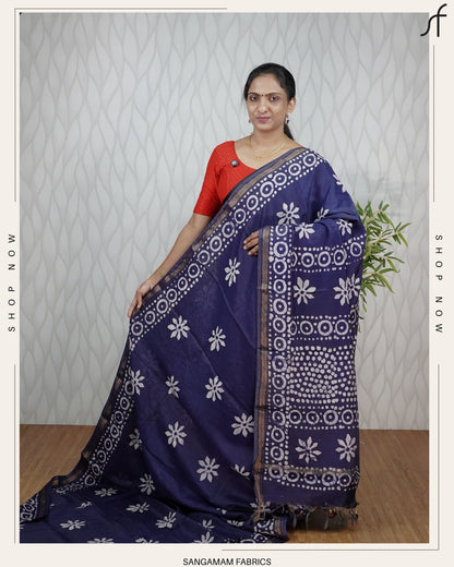 SEMI CHANDERI SILK BATIK PRINTED SAREE