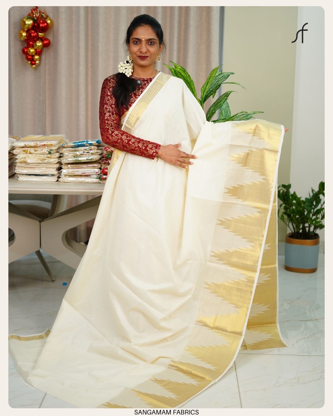 TEMPLE BORDER DETAILED KERALA COTTON SET SAREE
