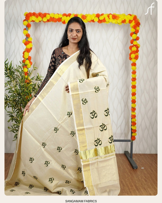 OHM EMROIDERIED KERALA TISSUE SET SAREE