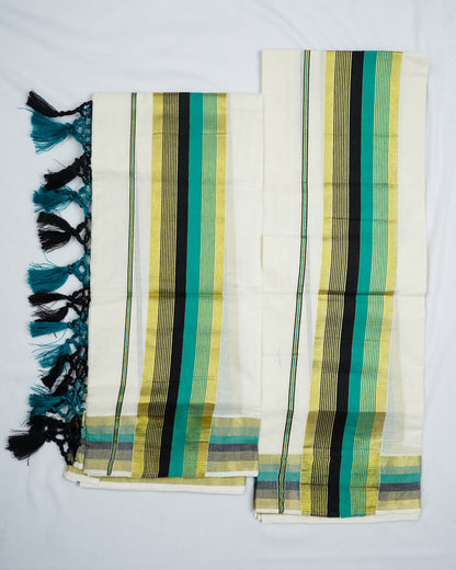 KERALA GOLDEN KASAV AND COLOUR KARA COTON SETMUNDU 2.50 Meter
