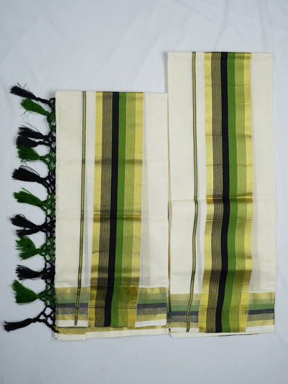 KERALA GOLDEN KASAV AND COLOUR KARA COTON SETMUNDU 2.50 Meter