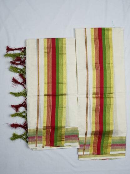 KERALA GOLDEN KASAV AND COLOUR KARA COTON SETMUNDU 2.50 Meter