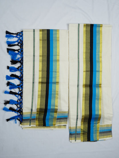 KERALA GOLDEN KASAV AND COLOUR KARA COTON SETMUNDU 2.50 Meter