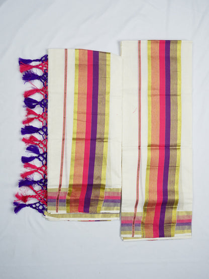 KERALA GOLDEN KASAV AND COLOUR KARA COTON SETMUNDU 2.50 Meter