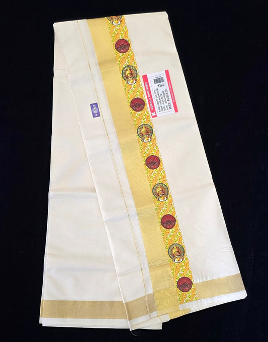 GOLDEN KASVU DOUBLE MUNDU WITH TRADITIONAL STICKER WORK