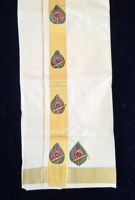 COTTON DOUBLE MUNDU WITH HAND PAINTED DESIGHN ON KASVU BORDER