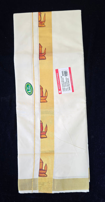 COTTON DOUBLE MUNDU WITH HAND PAINTED DESIGHN ON KASVU BORDER
