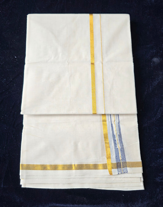 COTTON DOUBLE MUNDU WITH NAVY BLUE CHUTTIKARA WEAVING