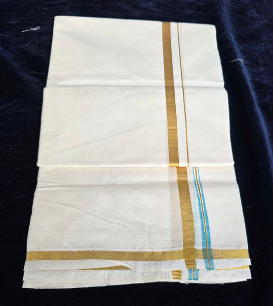 COTTON DOUBLE MUNDU WITH CYAN CHUTTIKARA WEAVING