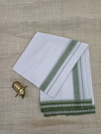 WHITE KUPPADAM OLIVE GREEN BORDER SINGLE