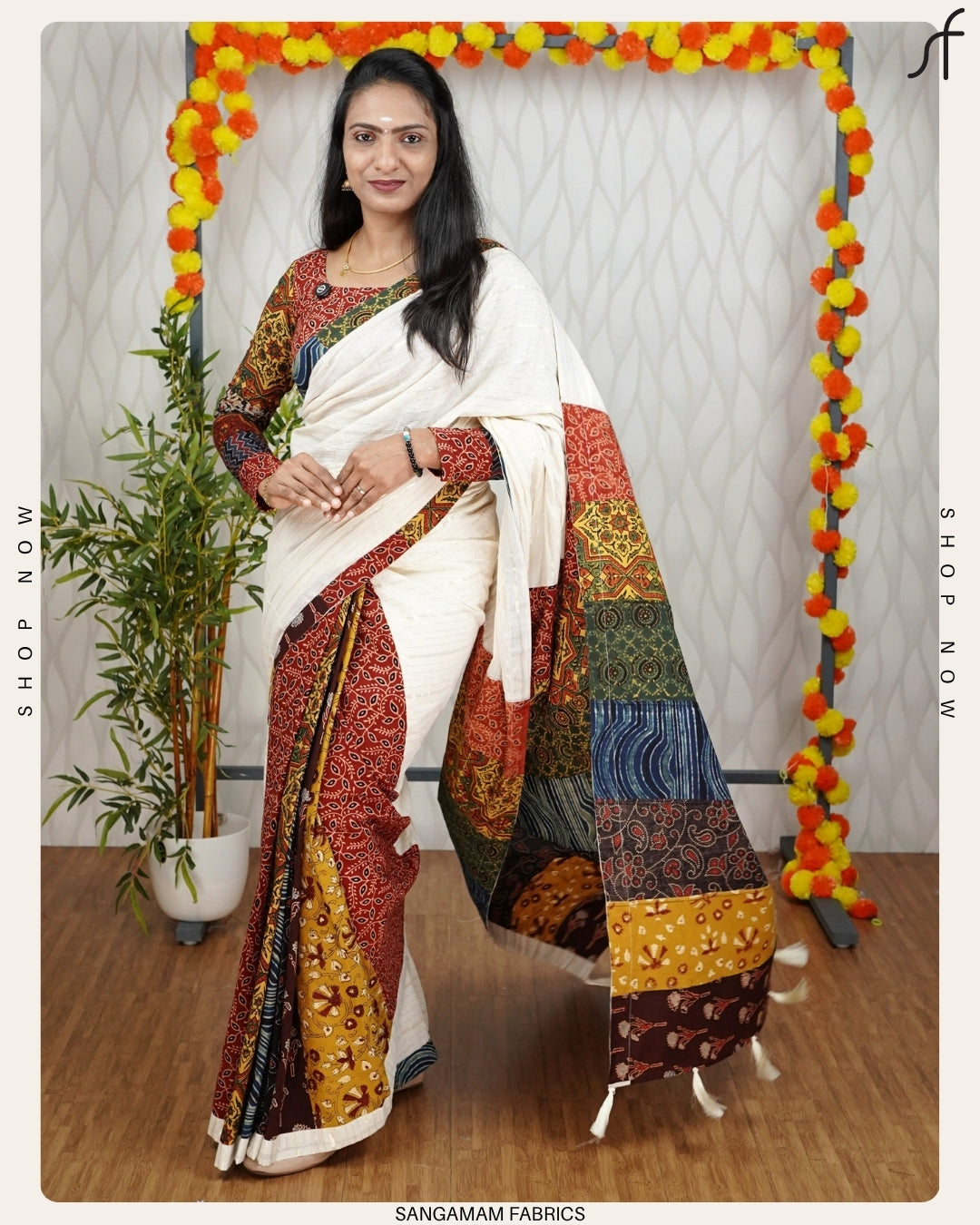 Rustic Elegance: Ajrak Patchwork Saree in Earthy Tones"