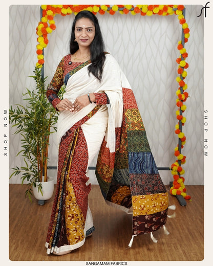 Rustic Elegance: Ajrak Patchwork Saree in Earthy Tones"
