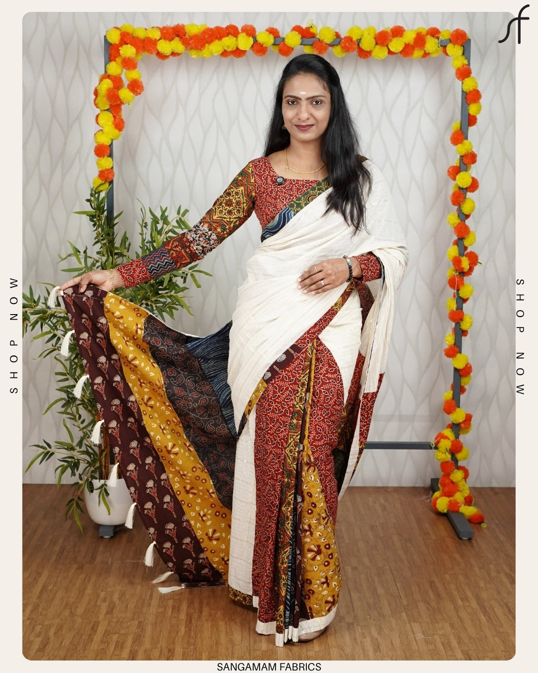 Rustic Elegance: Ajrak Patchwork Saree in Earthy Tones"