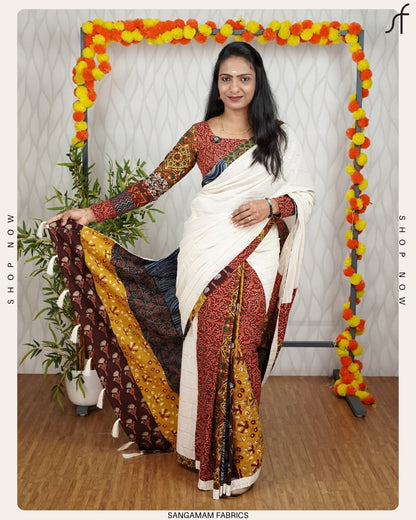 Rustic Elegance: Ajrak Patchwork Saree in Earthy Tones"