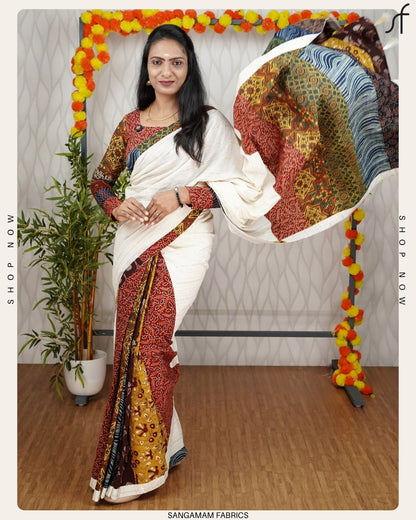 Rustic Elegance: Ajrak Patchwork Saree in Earthy Tones"