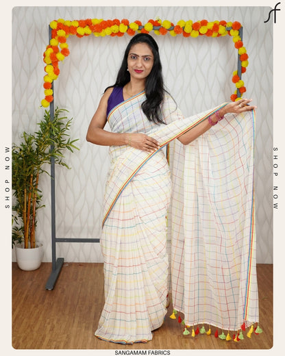 MULTICOLOUR CHECK MUL COTTON SAREE