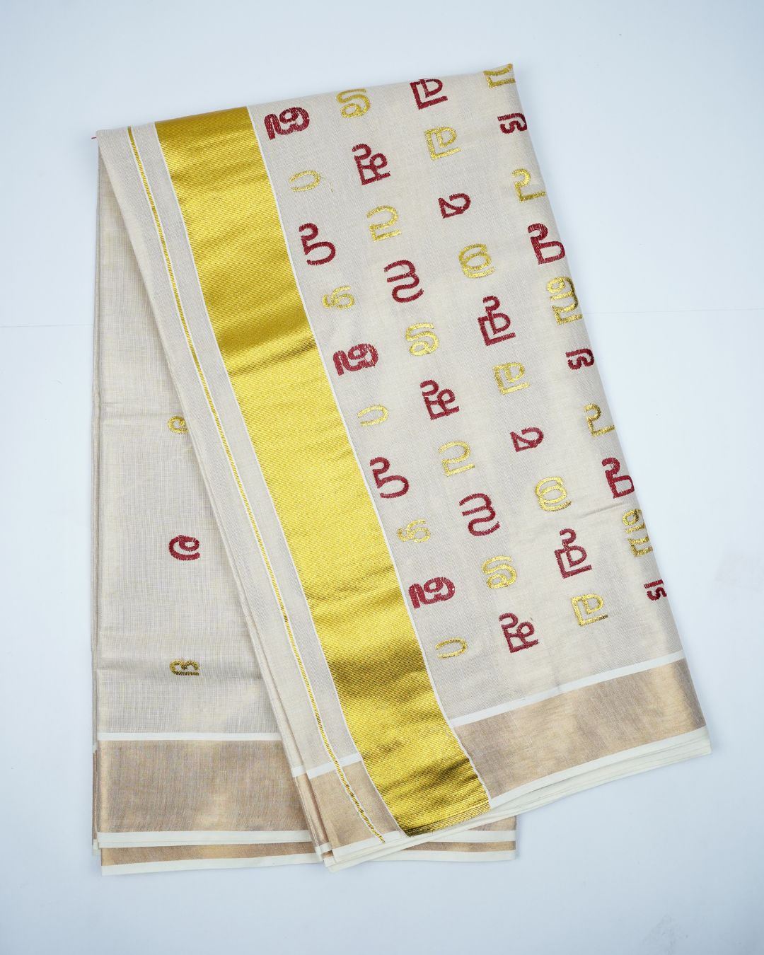 KERALA TISSUE SET SAREE WITH MALAYALAM AKSHARAMALA EMBROIDERY WORK