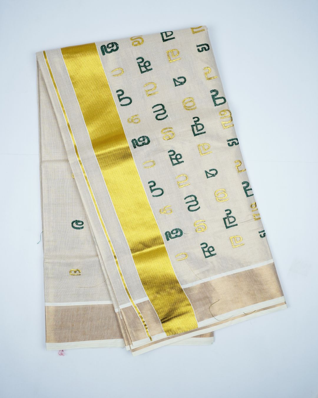 KERALA TISSUE SET SAREE WITH MALAYALAM AKSHARAMALA EMBROIDERY WORK