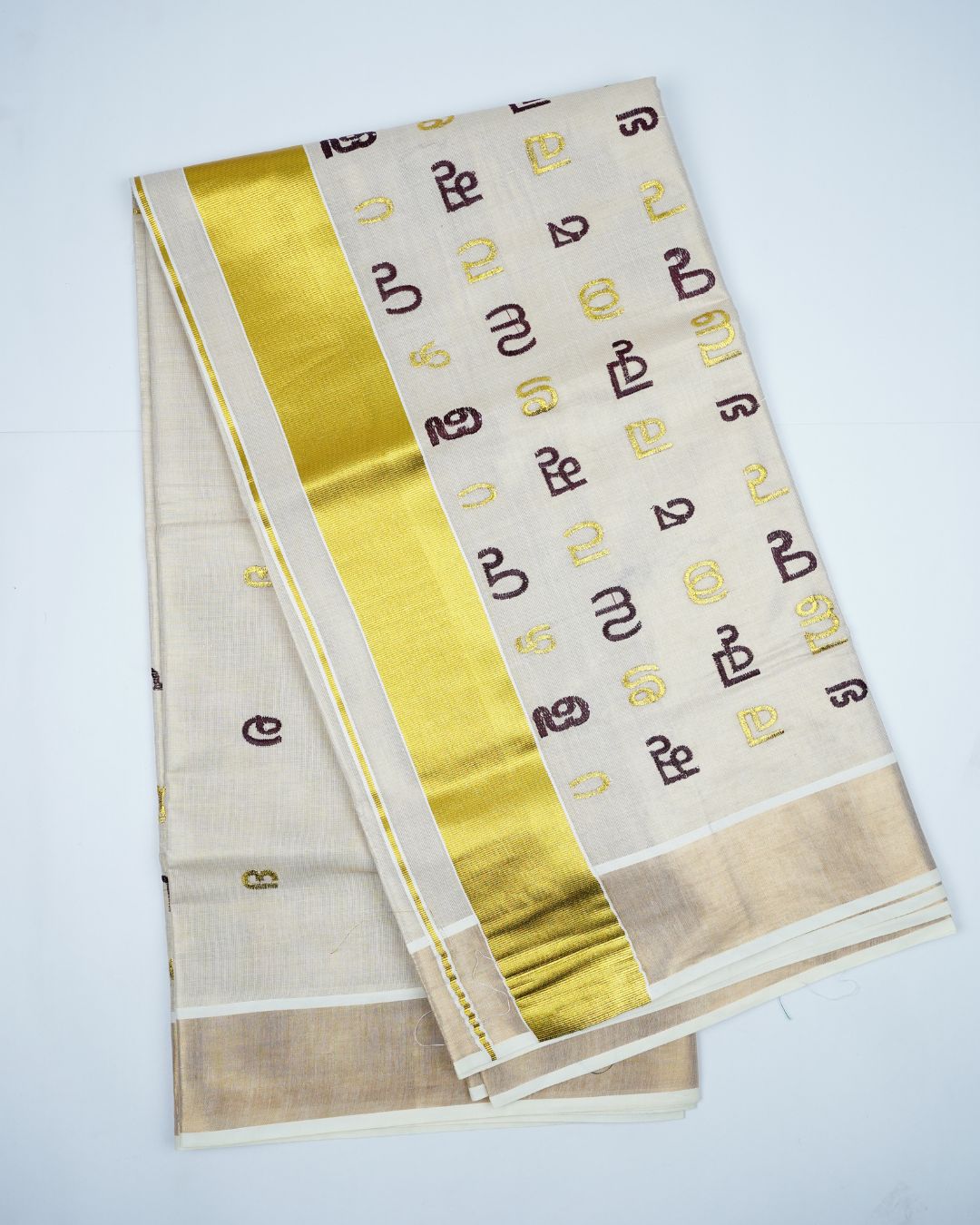 KERALA TISSUE SET SAREE WITH MALAYALAM AKSHARAMALA EMBROIDERY WORK