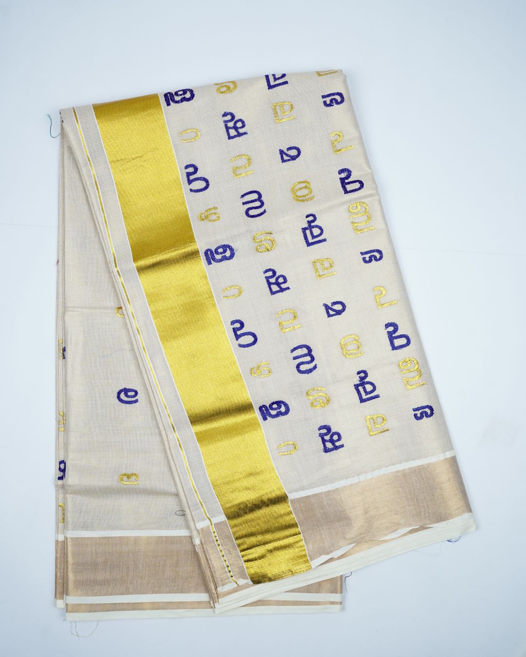 KERALA TISSUE SET SAREE WITH MALAYALAM AKSHARAMALA EMBROIDERY WORK