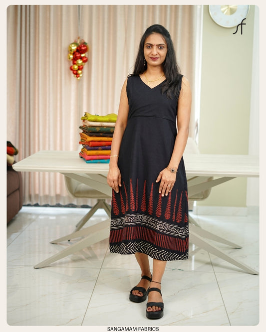 BLACK COTTON ANGRAKHA A-LINE DRESS