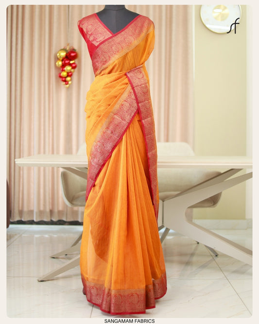SUNSET ORANGE BANARASI SEMI JUTE SAREE