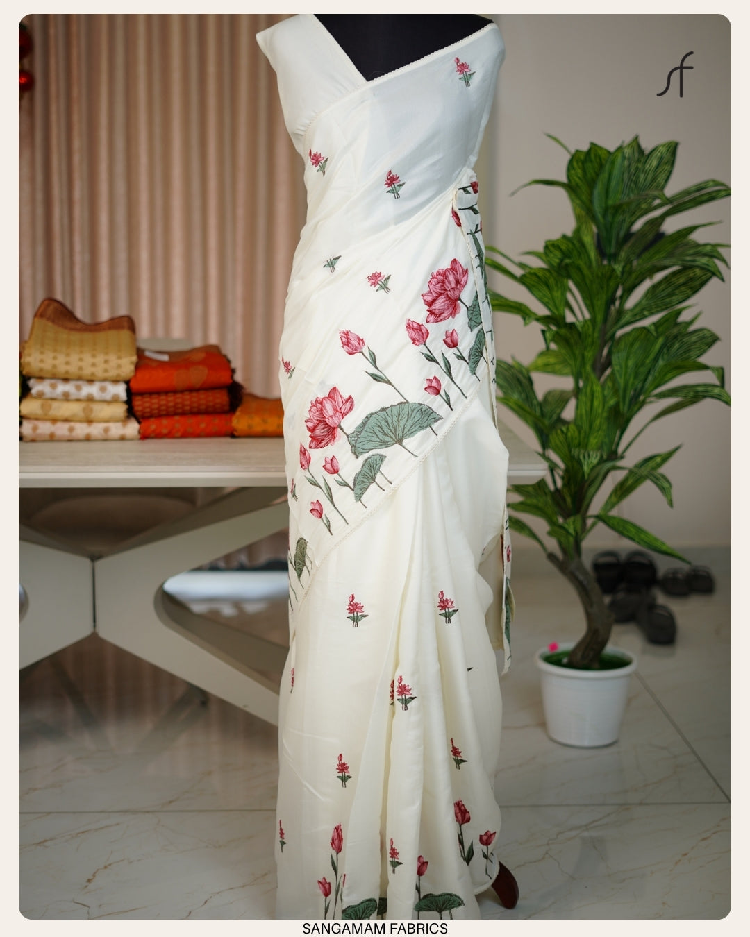 LOTUS EMBROIDERY SEMI TUSSAR SILK SAREE