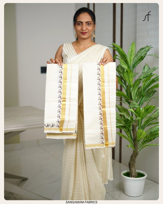 FLORAL PRINT WITH GOLDEN KASAVU SET MUNDU