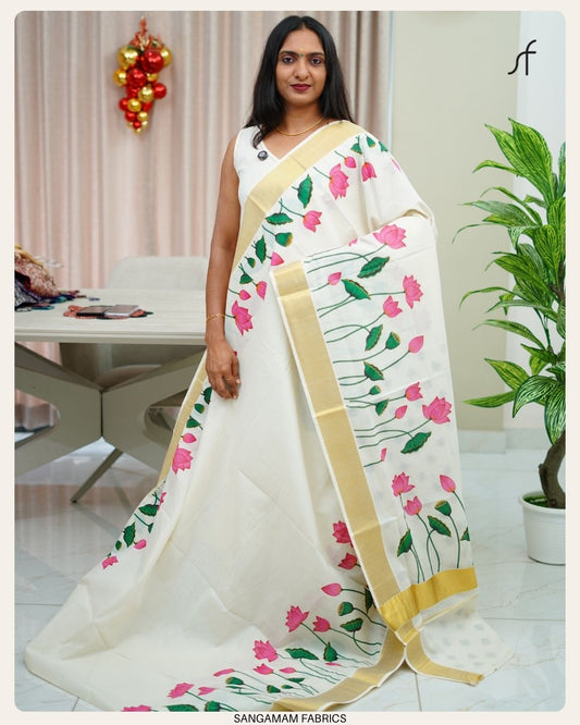 LOTUS PRINTED KERALA SAREE