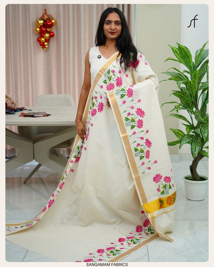 LOTUS PRINTED KERALA SAREE