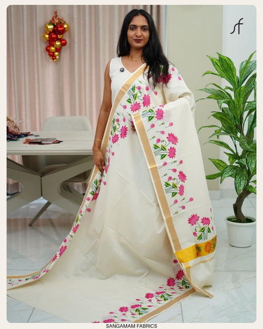 LOTUS PRINTED KERALA SAREE