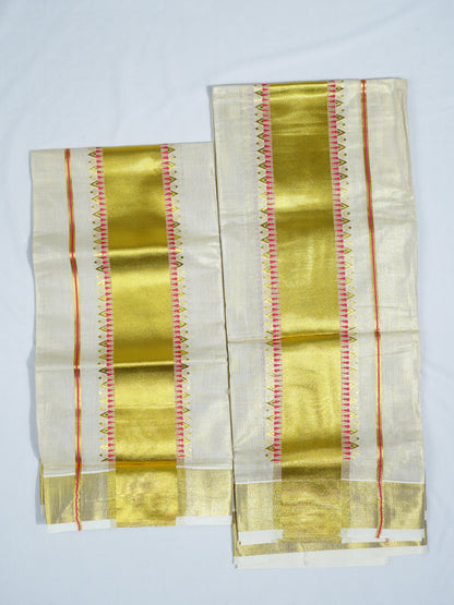 KERALA GOLDEN TISSUE JACQUARD WORK SETMUNDU 2.80 Meter