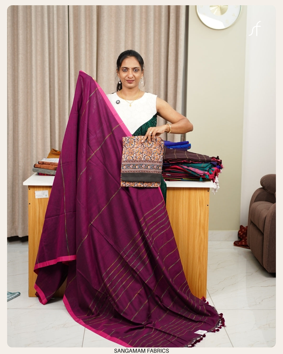 STRIPE DETAILED  KHADHI COTTON SAREE WITH KALAM KARI PRINTED BLOUSE