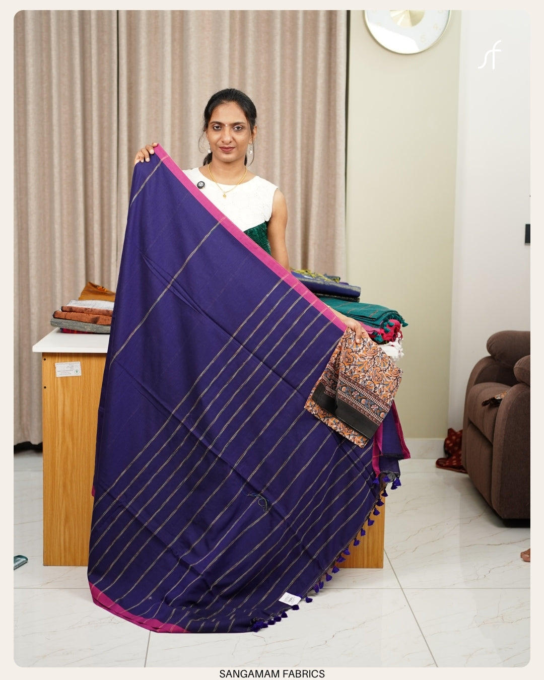 STRIPE DETAILED KHADHI COTTON SAREE KALAM KARI PRINTED BLOUSE