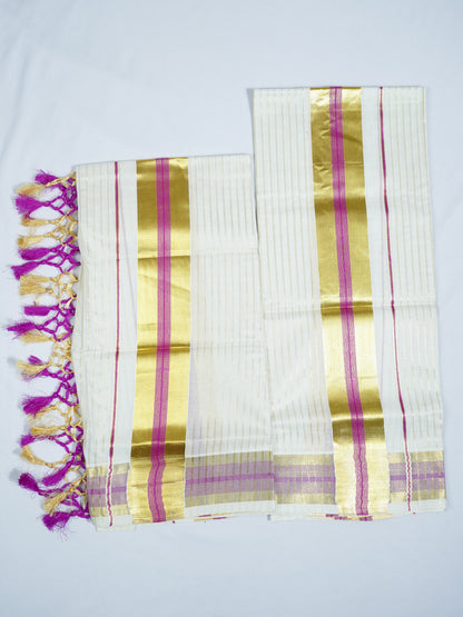 KERALA GOLDEN KASAV AND COLOUR KARA WITH STRIPE DESIGN 2.80 Meter