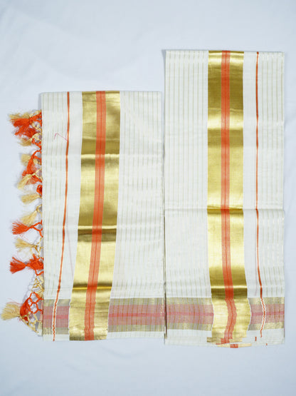 KERALA GOLDEN KASAV AND COLOUR KARA WITH STRIPE DESIGN 2.80 Meter