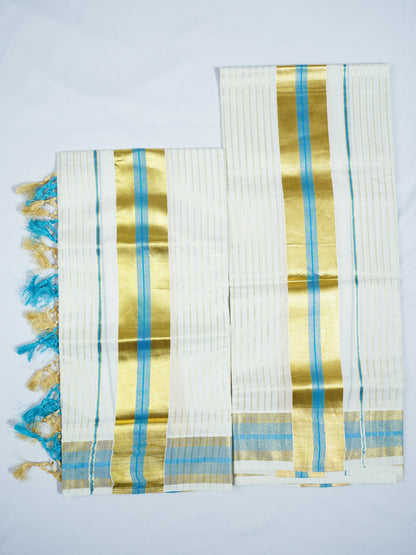 KERALA GOLDEN KASAV AND COLOUR KARA WITH STRIPE DESIGN 2.80 Meter