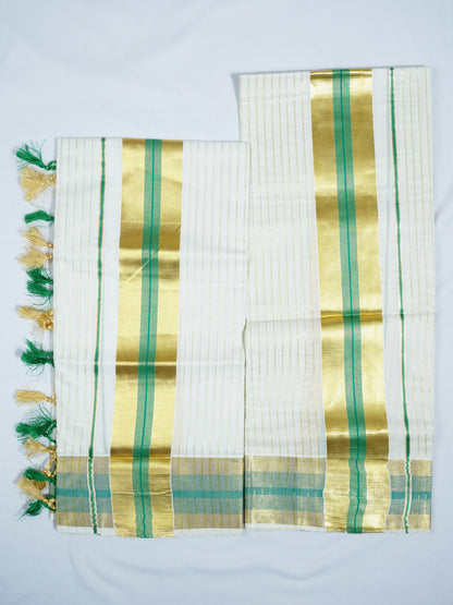 KERALA GOLDEN KASAV AND COLOUR KARA WITH STRIPE DESIGN 2.80 Meter