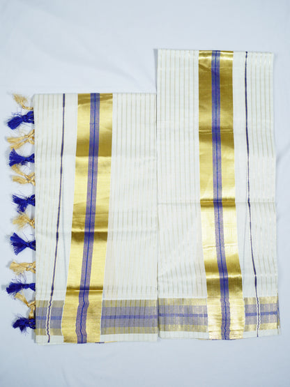KERALA GOLDEN KASAV AND COLOUR KARA WITH STRIPE DESIGN 2.80 Meter