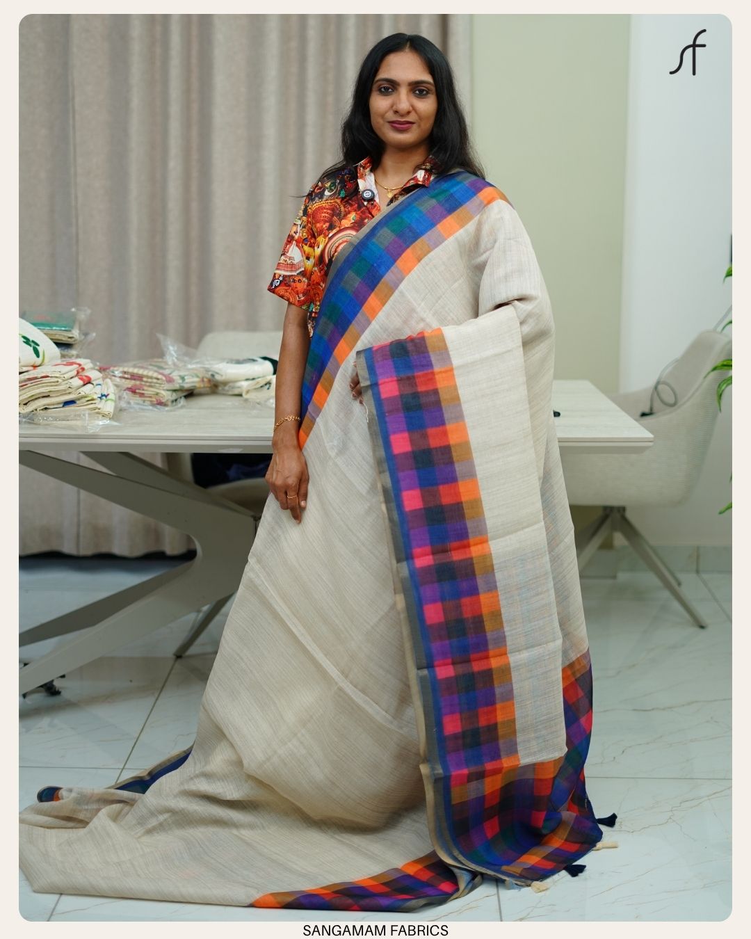 MADRAS CHECK DETAILED SEMI LINEN SAREE